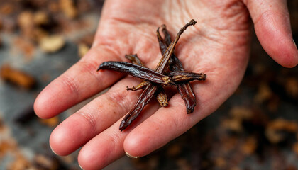 Obraz premium Fresh cloves on palm hand wallpaper. Cloves background 