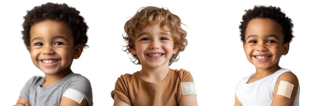 Three Children Smiling After Vaccination Shots Happy Healthy Kids Childhood Immunization isolated on transparent Background