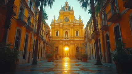 Naklejka premium Sunrise illuminating a yellow church in a narrow street.
