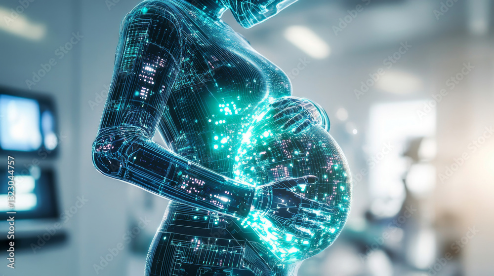 Poster a futuristic humanoid robot stands in a sleek, advanced medical environment. the robot is cradling a
