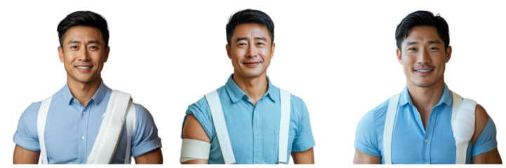 Three Portraits of a Smiling Asian Man Wearing a Light Blue Shirt and White Suspenders One with a Bandaged Arm isolated on transparent Background