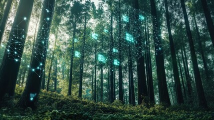 Obraz premium Luminous network connects tall forest trees.