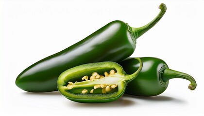 mexican green jalapeno pepper is displayed whole and cut in half isolated in a transparent background