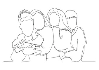 Continuous one line art of women stand with palms together.  concept women's friendship, women's solidarity, women's collective or team, feminism.
