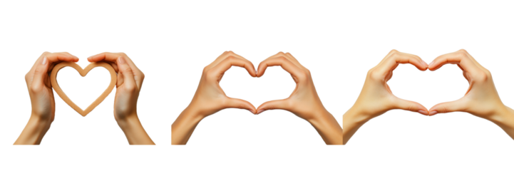 Three different ways to show love with hands forming heart shapes one hand holding a heart shape isolated on transparent Background
