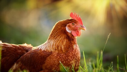 vibrant brown hen illuminated by soft natural light in outdoor setting