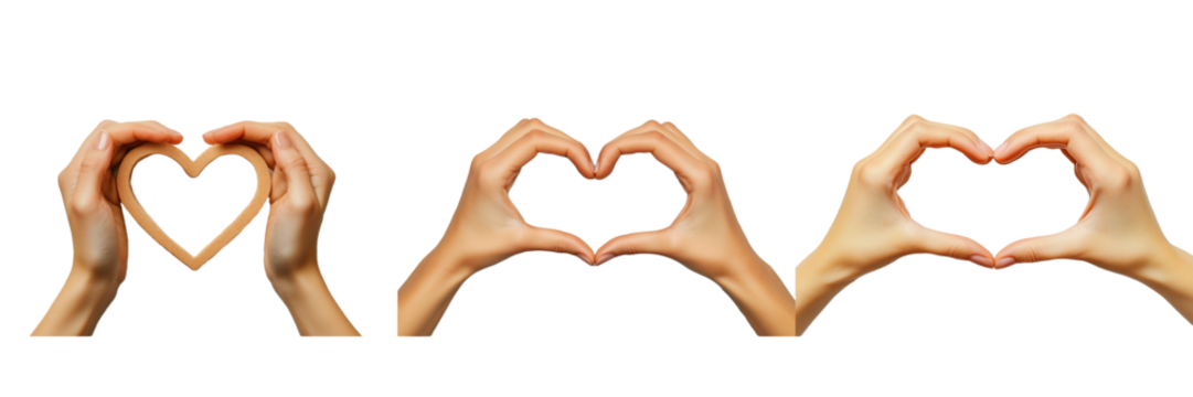 Three different ways to show love with hands forming heart shapes one hand holding a heart shape isolated on transparent Background