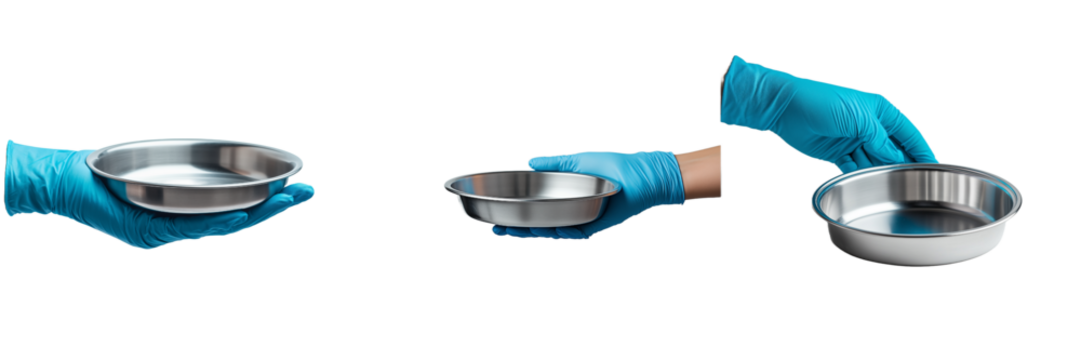 Three stainless steel bowls held in blue nitrile gloves, showcasing different hand positions and bowl orientations isolated on transparent Background