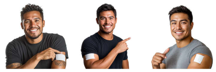Happy Diverse Men Showing Vaccination Bandages on Upper Arm Smiling and Pointing isolated on transparent Background