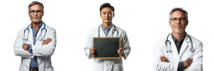 Three Doctors Showcasing Healthcare Expertise and Medical Information Blank Slate isolated on transparent Background