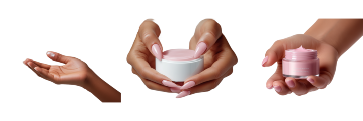 Beautiful Hands Holding Pink Moisturizing Cream Jars and Applying Cream Close Up Shot Skincare Beauty Product isolated on transparent Background