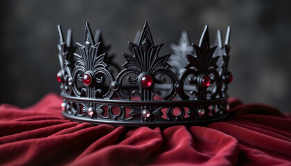 Black crown with red gemstones on dark red fabric