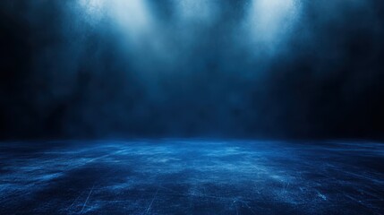 Dark blue ice rink with spotlights. Dark background for product presentation, night stage, concert, and show concept. Copy space, high quality.