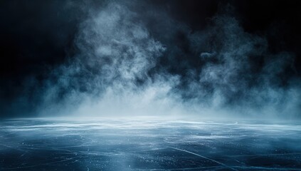 Dark blue ice rink with spotlights. Dark background for product presentation, night stage, concert, and show concept. Copy space, high quality.