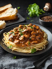 Fototapeta premium Serving of Mushroom Pasta with Bread on a Dark Table Setting