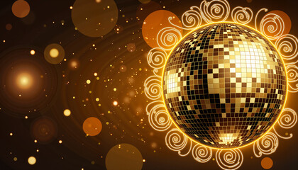 Golden disco ball with decorative patterns on dark background