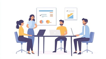 Businesspeople, presentation with leader planning and with laptop at desk in a office at their workplace. Teamwork or collaboration, business meeting and colleagues discussing together in a