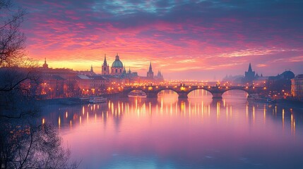 Fototapeta premium Sunrise over Prague's Charles Bridge and Vltava River.