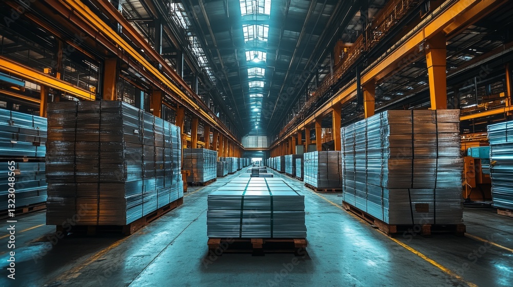 Poster metal sheets made of steel and aluminum are arranged neatly in a spacious manufacturing warehouse sh