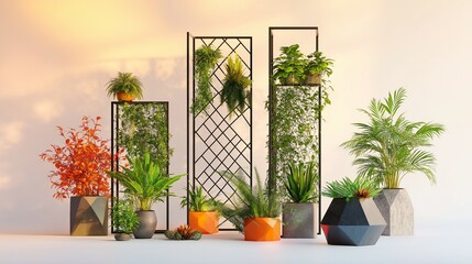 Assortment of potted indoor plants arranged on the floor with minimalist metal trellises against a soft bright background.