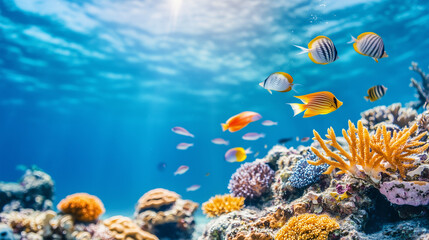 Naklejka premium Underwater Paradise: Vivid colors and a thriving ecosystem showcase an underwater scene, a vibrant coral reef teeming with diverse fish, offering a glimpse into the wonders of marine life.