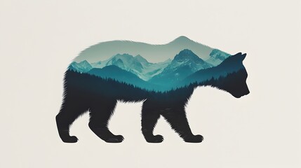 Silhouette of Bear Filled with Scenic Mountain Landscape