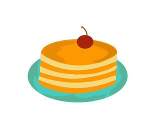 Illustration of delicious dessert pancakes with cherries on a blue plate