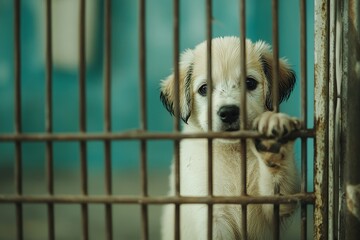 Stray homeless dog in animal shelter cage. Sad abandoned hungry puppy found the street waiting for owner. Pets adoption, rescue, help for pets
