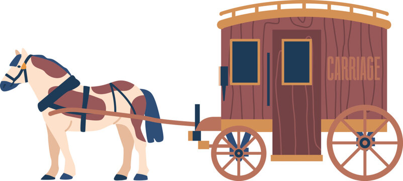 Horse harnessed to wooden carriage