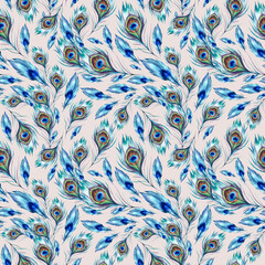 Peacock feathers. Seamless pattern. Watercolor hand-painted illustration. Beautiful bright multicolored royal peacock feather on beige background. Asian, Indian ornaments. Template for printing