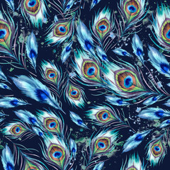 Peacock feathers. Seamless pattern. Watercolor hand-painted illustration. Beautiful bright multicolored royal peacock feather on a dark background. Asian, Indian ornaments. Template for printing