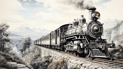 Naklejka premium Majestic Mountain Train Journey: A Vintage Steam Locomotive Chugs Through Breathtaking Scenery