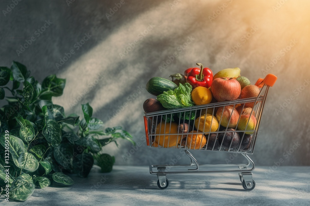 Poster shopping cart filled with fresh fruits and vegetables in soft lighting against a minimalistic backgr