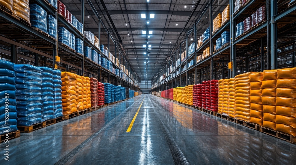 Poster Stacks of color-coded sacks are neatly organized in a large petrochemical warehouse, showcasing effective inventory management. The facility emphasizes automation and processing efficiency.