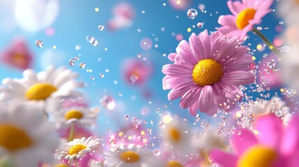 Captivating Flowers in Fresh Water Droplets with Clear Blue Sky Background