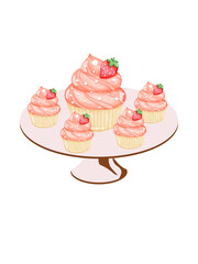 This image features five beautifully crafted cupcakes displayed on a serving plate. A larger cupcake takes center stage, surrounded by four smaller cupcakes adorned with pink cream frosting. 