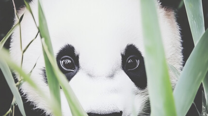 Amidst towering bamboo, a giant panda nibbles on fresh leaves, its expressive face and fluffy fur bathed in soft natural light, perfectly blending into the tranquil beauty of its wild habitat