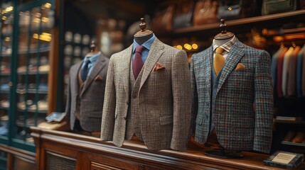 Obraz premium Three tweed suits displayed on mannequins in a luxury menswear store.
