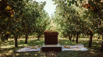 Fototapeta premium Apricot Orchard Harvest: A Summer Picnic in a Lush Fruit Garden