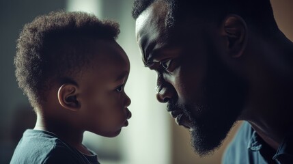 A dissatisfied African dad explains to his little son what he is doing wrong. Conflict between father and son.