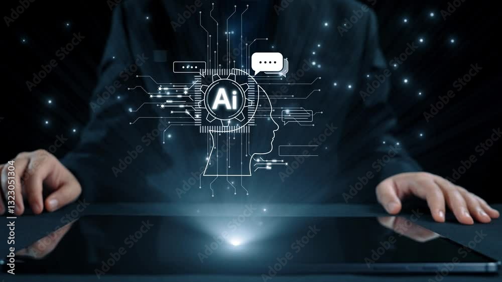 Poster human interact with ai artificial intelligence brain processor in concept of ai artificial intellige