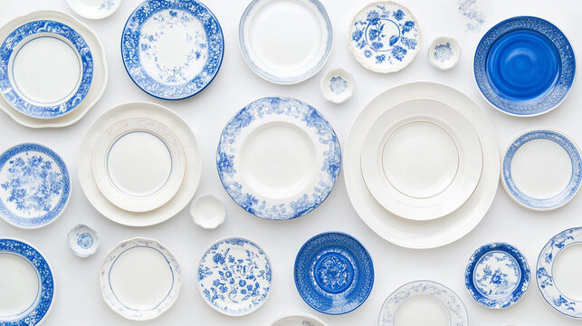 Ceramic Dishes Display: A harmonious arrangement of ceramic plates and bowls in various sizes, displaying intricate blue and white patterns, capturing the elegance of tableware and home decor.