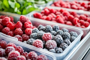 Frozen berries and healthy vegetables are stored in reusable box containers on freezer shelves of refrigerator at home