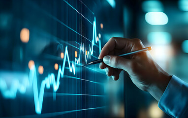 Fototapeta premium A close-up of a hand using a stylus to analyze financial data on a digital screen showcasing trend lines and graphs.