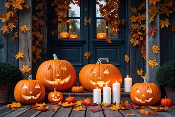 Obraz premium Halloween Pumpkins and Candles on a Wooden Porch Surrounded by Autumn Leaves