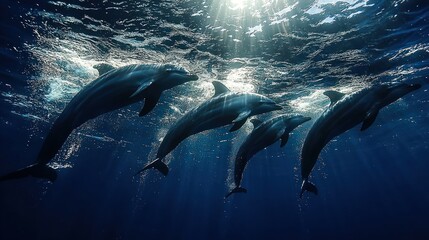 Fototapeta premium Four dolphins swimming underwater, sunlit.
