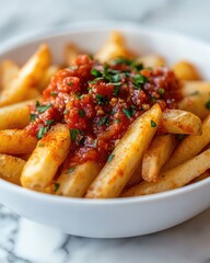 Savory french fries with tomato sauce on marble tabletop