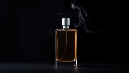 A rectangular amber perfume bottle, emitting wisps of smoke, against a dark background.