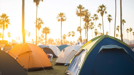 Camping Adventure: An eye-level shot captures a bustling campsite filled with colorful tents bathed in the warm glow of the rising or setting sun, framed by a backdrop of majestic palm trees. 