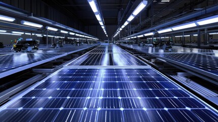 Naklejka premium Factory assembly line producing solar panels.